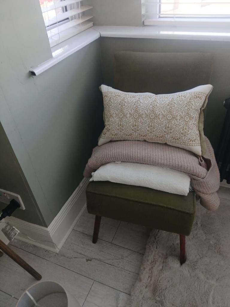 Olive green antique upholstered occassional chair