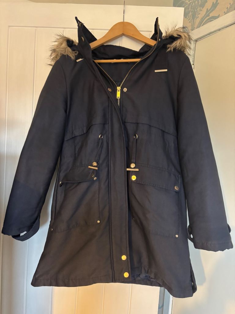 Michelle Keegan navy Faux Fur Hooded Parka Jacket UK Size 12