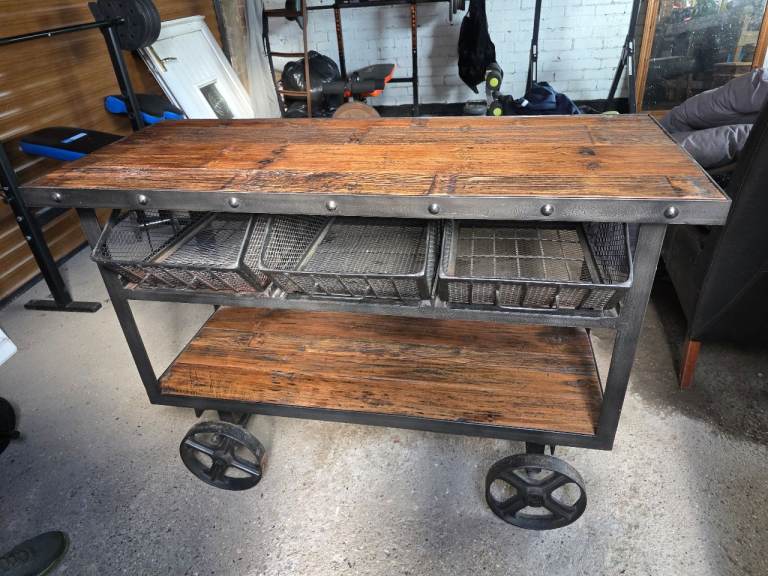 Industrial Style Wooden Top Trolley with Baskets