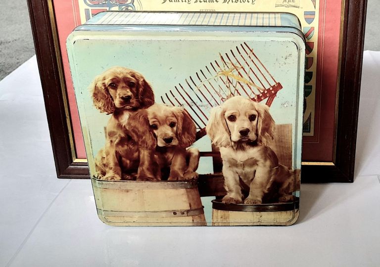 COLLECTABLE VINTAGE TIN - PUPPIES on BARRELS by COUNTRY COUSINS 23 x 23 cm FAIR