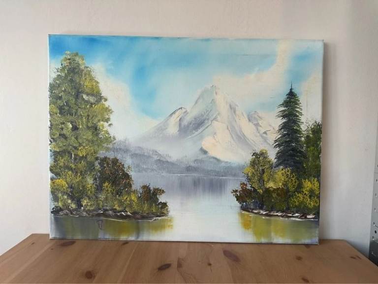 Mountain Lake Landscape Painting on Canvas – Signed