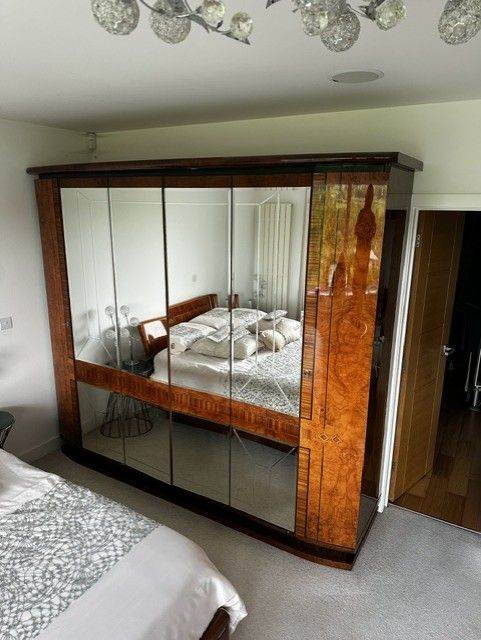 Italian Art Deco Revival 6 Door Mirrored Wardrobe – Noce Nera Burr Wood