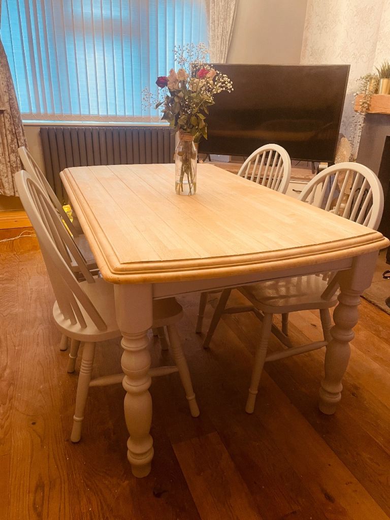 Farmhouse grey solid wood dining table with 4 solid wood grey dining chairs