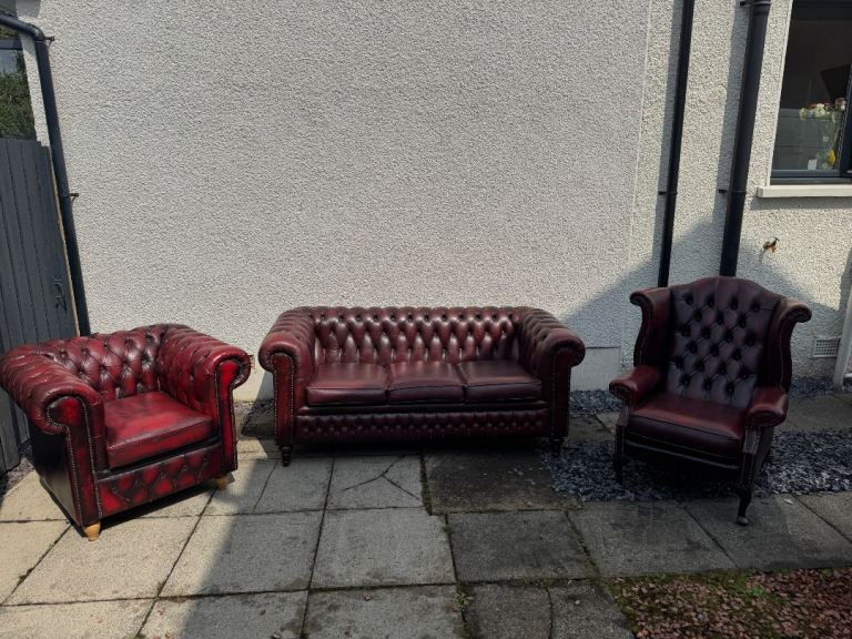 Chesterfield 3 seater, Queen Anne Armchair and Club Chair - Real leather