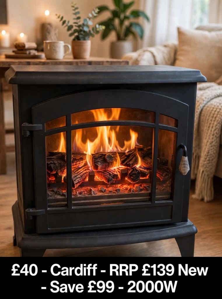 Black Electric Stove Heater with Log Burner Effect
