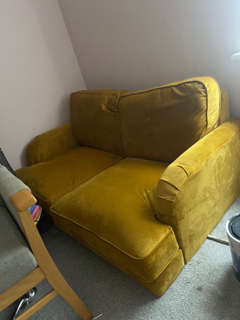 Comfortable 2-Seater Velvet Sofa – Yellow, Good Condition