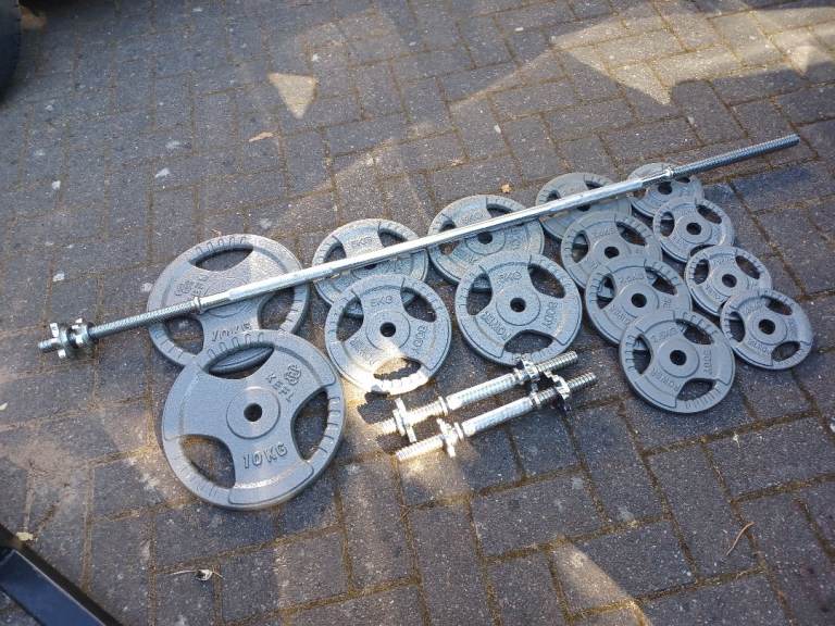 BARBELLS & DUMBBELLS & TRI GRIP WEIGHTS PLATES SET