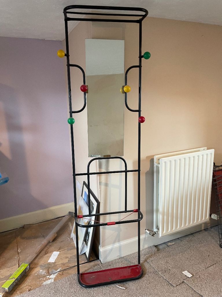 Mid century Black Metal Coat Rack with Mirror and Umbrella Stand