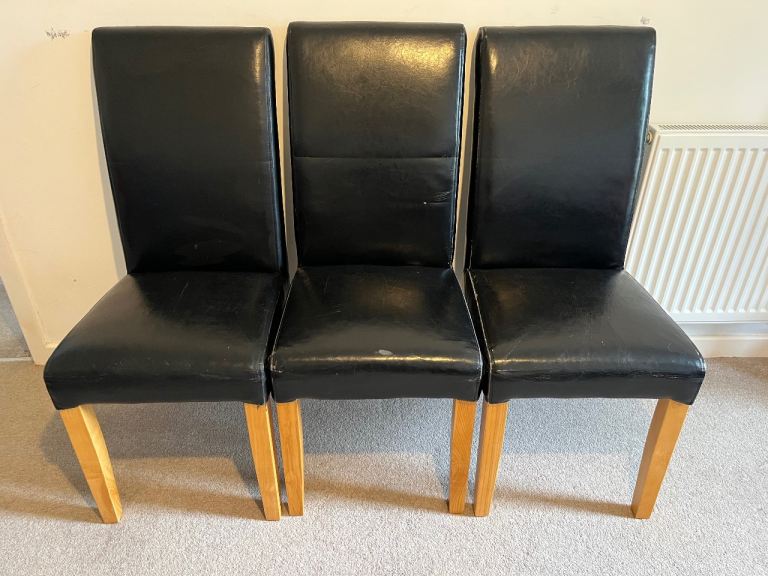 Black Faux Leather Dining Chairs High Back Armless With Oak Legs, x3