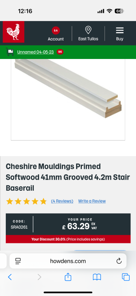image for Howdens 41mm Grooved 4.2m Stair Baserail