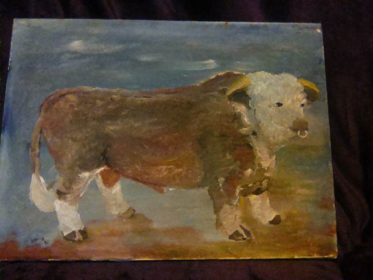 Oil on canvas painting entitled "Hereford Bull."
