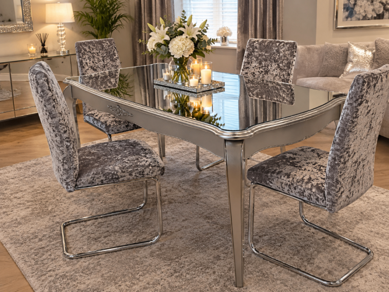 Antique style mirror topped dining table and chairs 