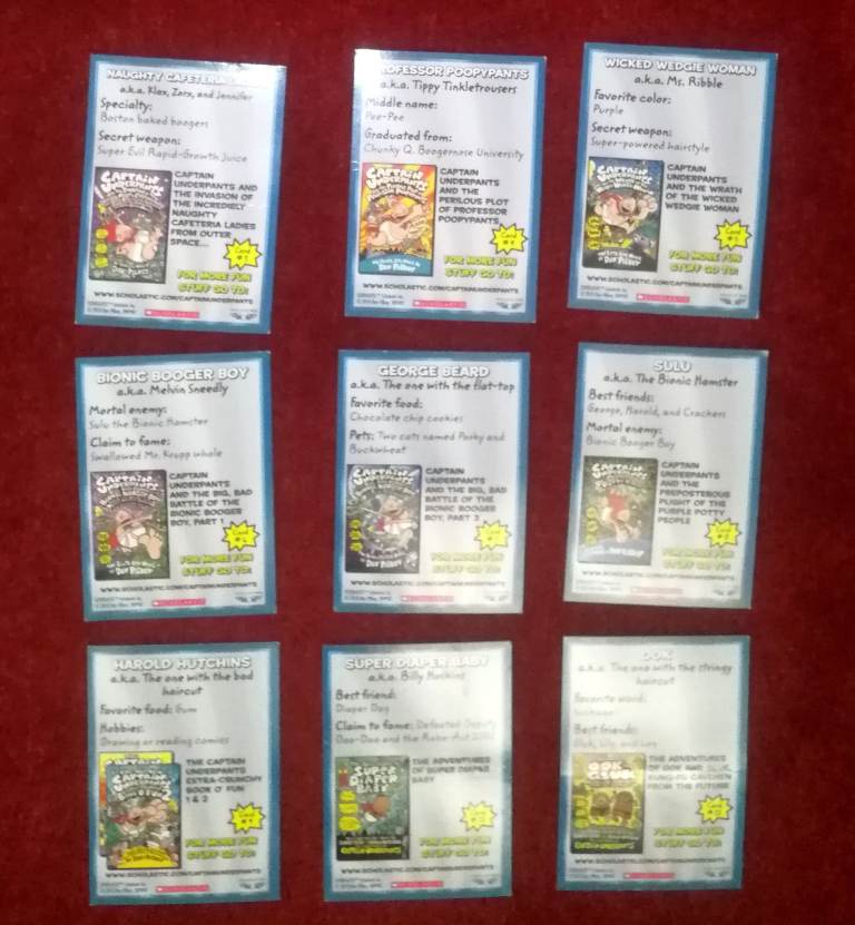 9 x Captain Underpants Collectible Cards Numbered 3 to 11 Scholastic 2010