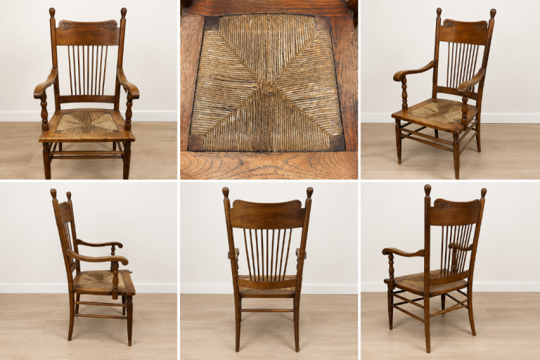 Vintage Oak Arts & Crafts Rush Seat Armchair