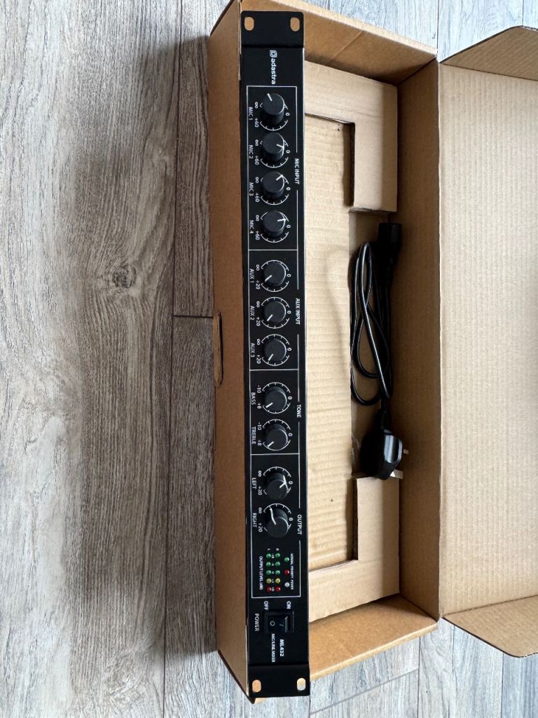 Adastra ML432 1U Mic Line Mixer 19" Rack Mount XLR 6.35mm Jack Aux Inputs