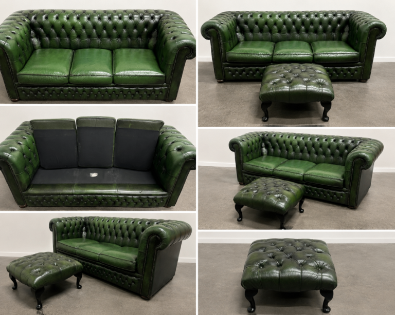 Vintage Green Leather Chesterfield Sofa & Footstool – 3 Seater