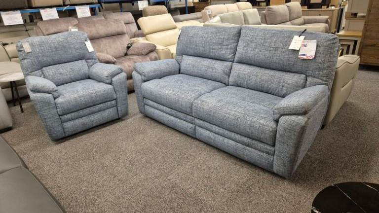 Parker Knoll Hampton Large 2 Seater Sofa & Power Recliner Armchair – Blue Fabric Can Deliver