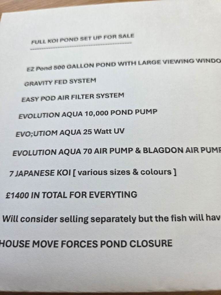 Koi pond Set up for sale 