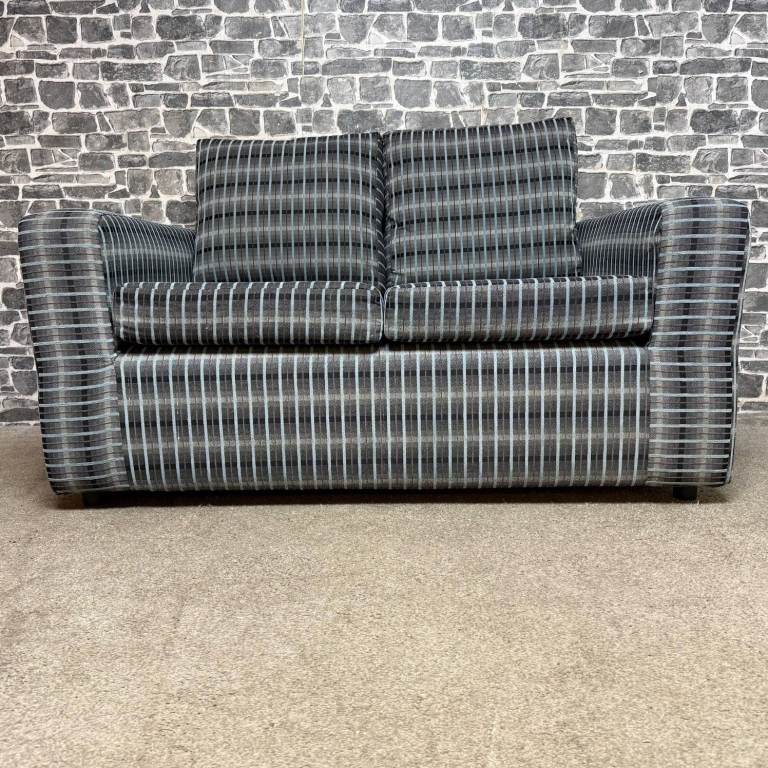 Modern 2 Seater Fabric Sofa – Grey & Blue Striped Upholstery