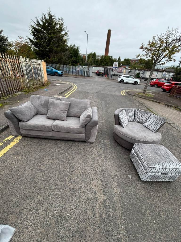 Grey Fabric 3 seater sofa with Swivel Chair and ottoman Footstool