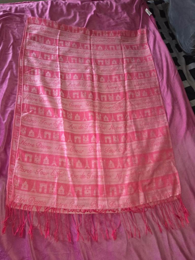 Soft Pink Scarf – Paris Landmark & Text Print – Fringed Ends – Perfect Condition