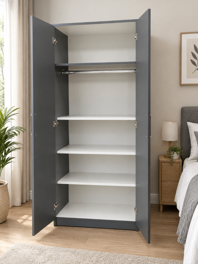 Modern Grey Wardrobe with Shelves and Hanging Rail – Free Home Delivery ...