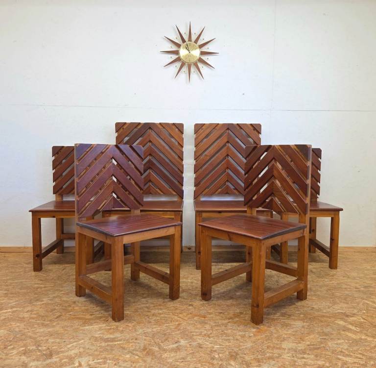 Set 6 x Vintage Pine & Sapele Chevron Garden/Dining Chairs - Unrestored Set