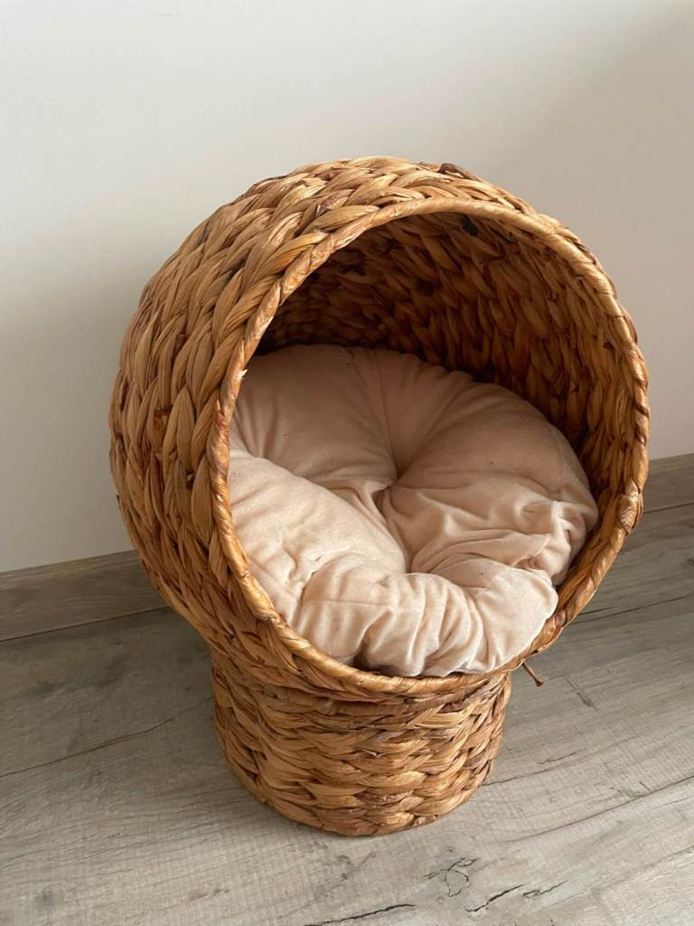 Wicker Cat Bed with Soft Cushion – Cozy Indoor Pet House