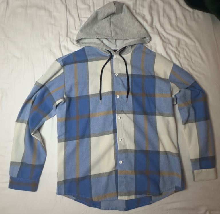 MANFINITY Small Plaid Hooded Shirt – Blue, White, Grey