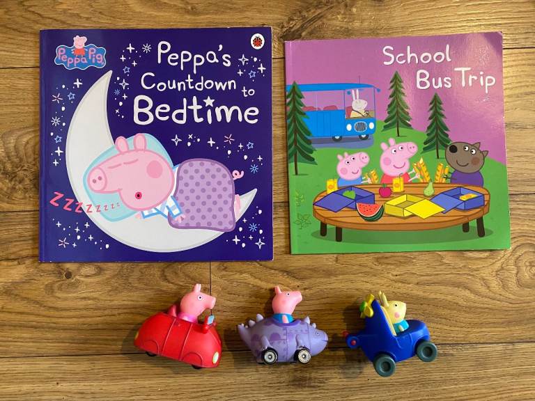 Peppa Pig toy cars x 3 and 2 X PEPPA PIG books: School Bus trip & Peppa’s Countdown to Bedtime  