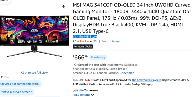 Monitor - OLED - 34" - MSI MAG 341C 1440p 175hz 0.03ms for gaming pc desktop computer laptop console