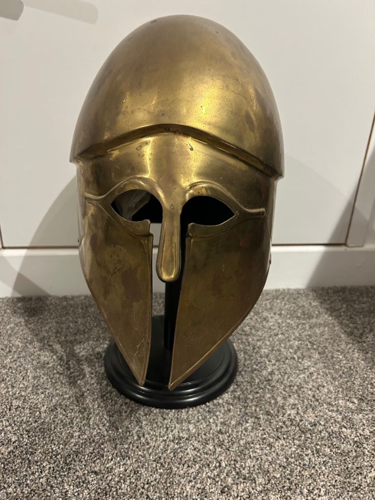 Brass Spartan Helmet on Stand – Good Condition