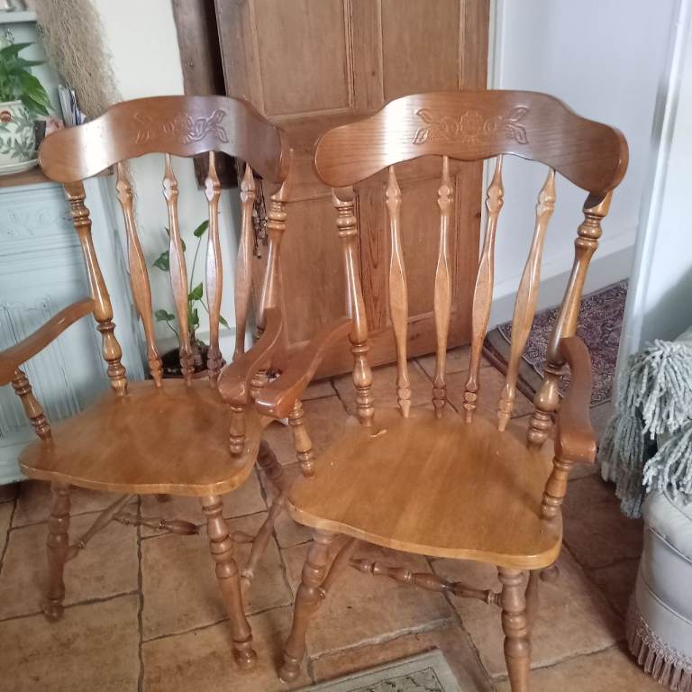 2 beautiful  heavy pine farmhouse carvers and a single chair 