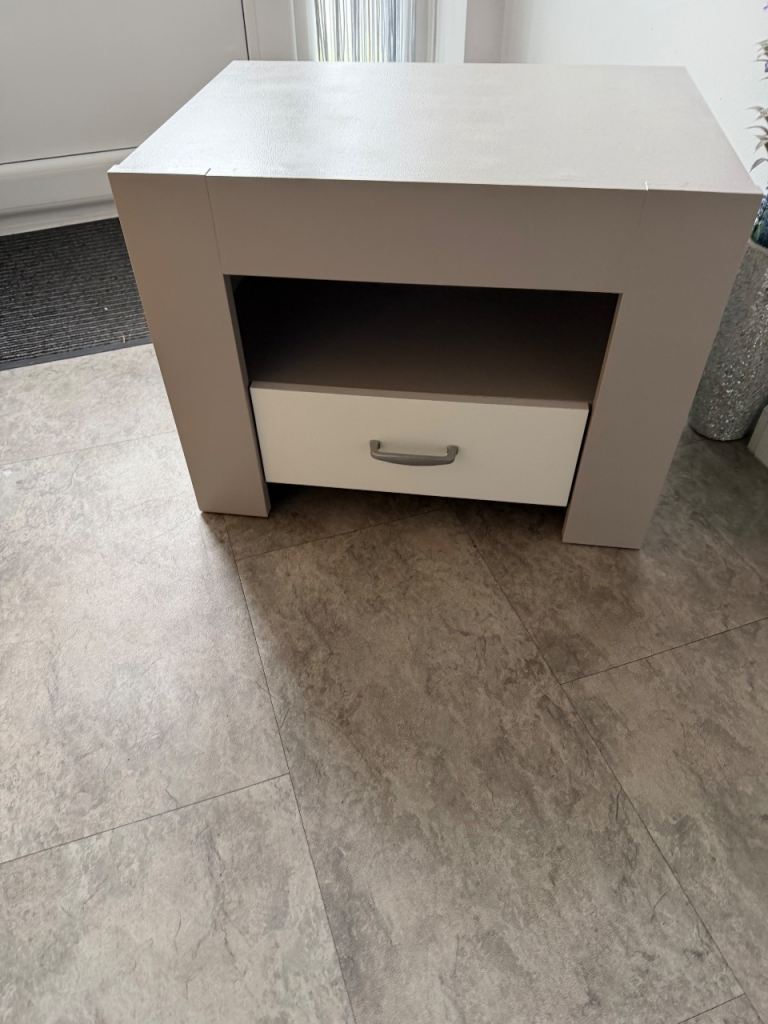 Single Bedside Table with deep drawer and shelf. Grey & White with Chrome Handle. Ideal for Bedroom