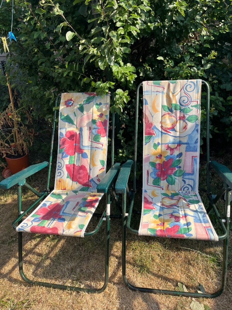 Pair of Garden Patio Chairs - Good Condition, Multicoloured Fabric