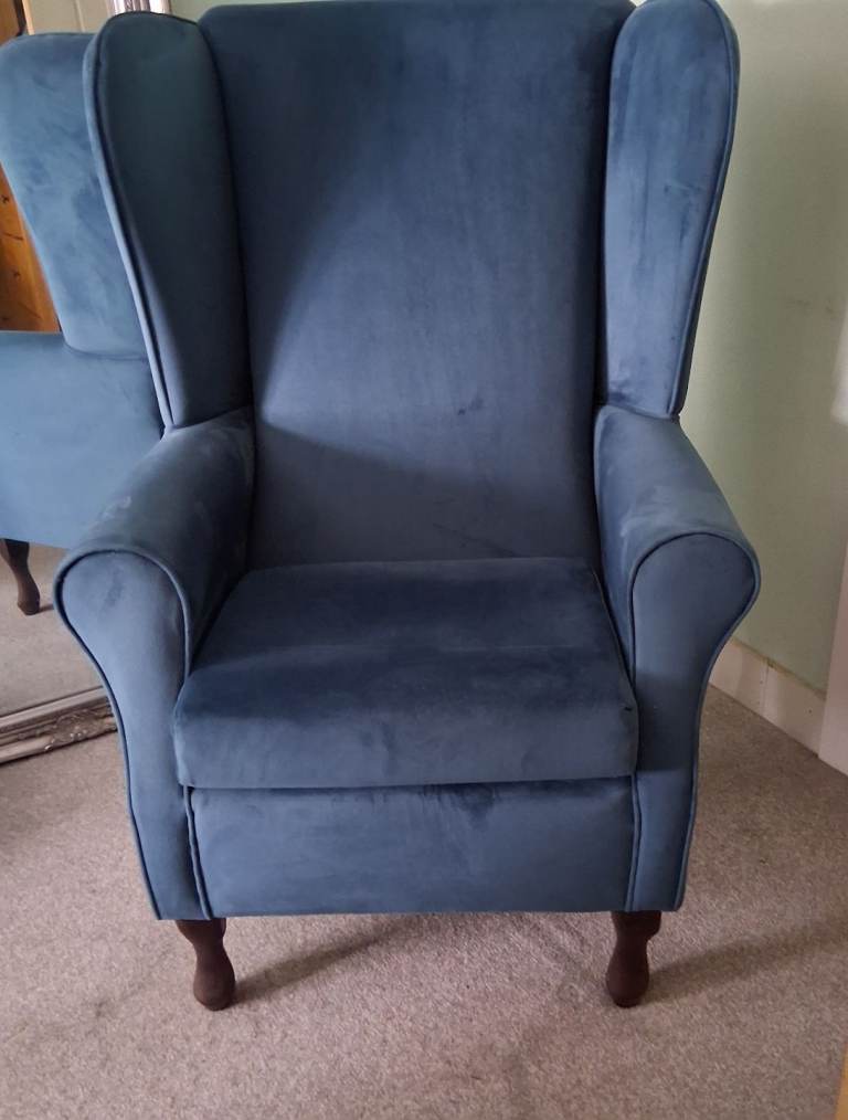 Lovely peacock Blue Velvet high back wing Armchair – new Condition