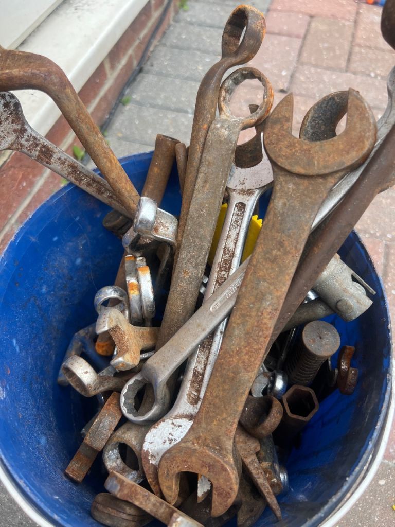 Mixed Hand Tools in Bucket – Rusty but Functional