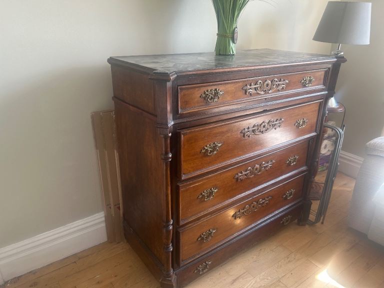 Vintage Mahogany Chest of Drawers with Marble Top Heavy Quality Piece