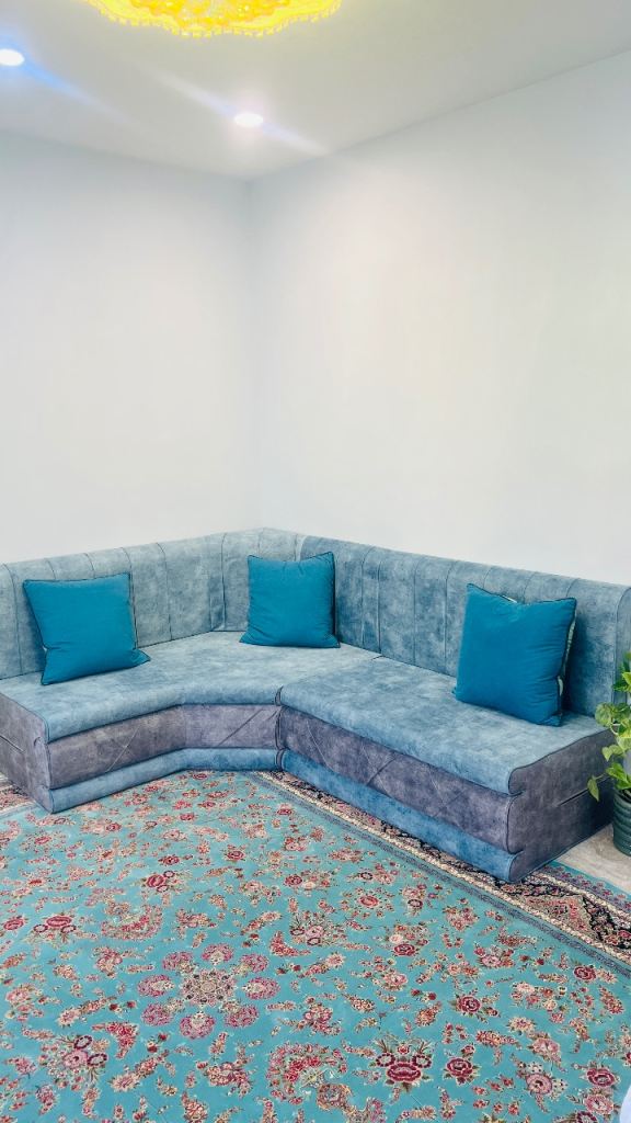 Lovely Blue Velvet Corner Sofa – L-Shape, Almost New Condition