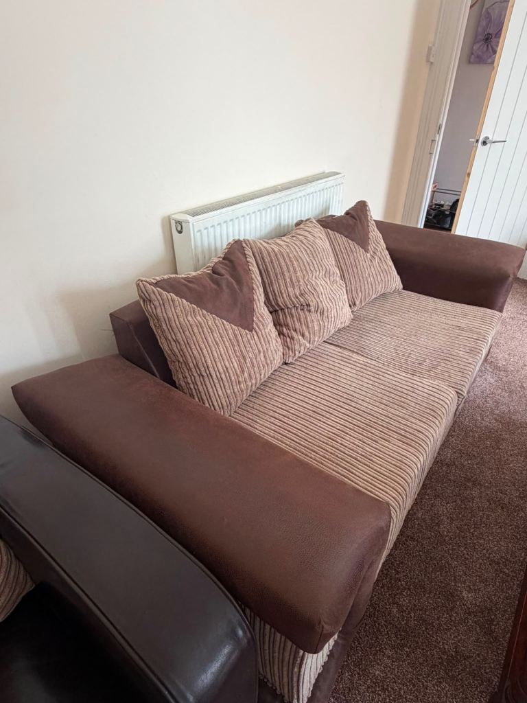 3 seater fabric and faux leather sofa in caramel with cushions 