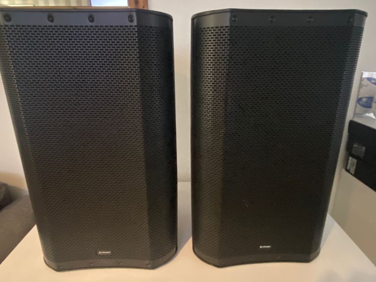 PA system 2 x speakers 2 bass bins and polls 