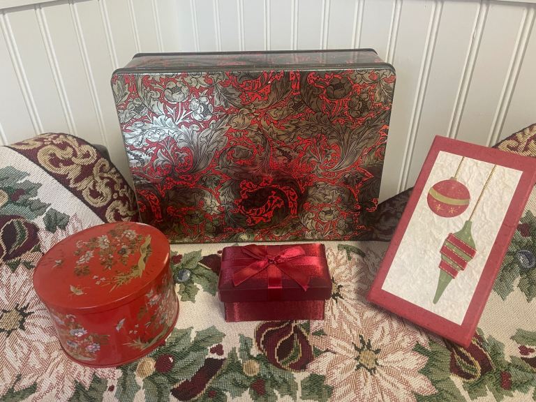  4 Vintage Christmas Display Storage Tins Boxes Shop Display Theatre Props Gifts B