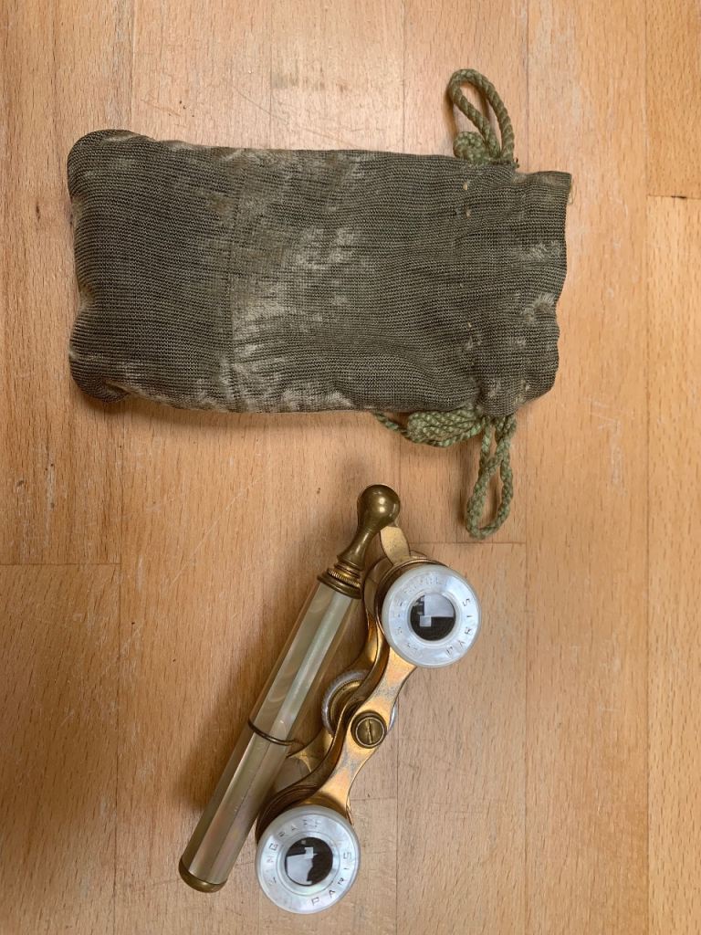Vintage Brass Opera Glasses with Handle and Pouch