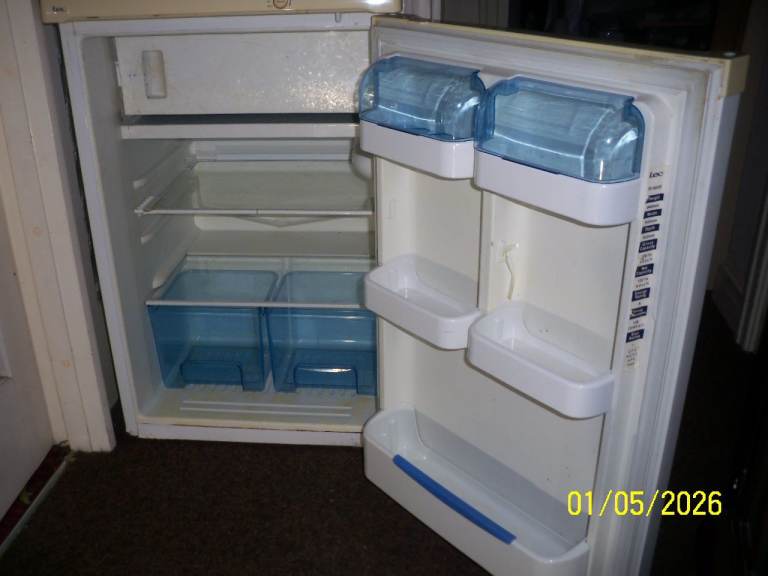 White under counter fridge with ice box 54cm W. LEC elan A class. Used
