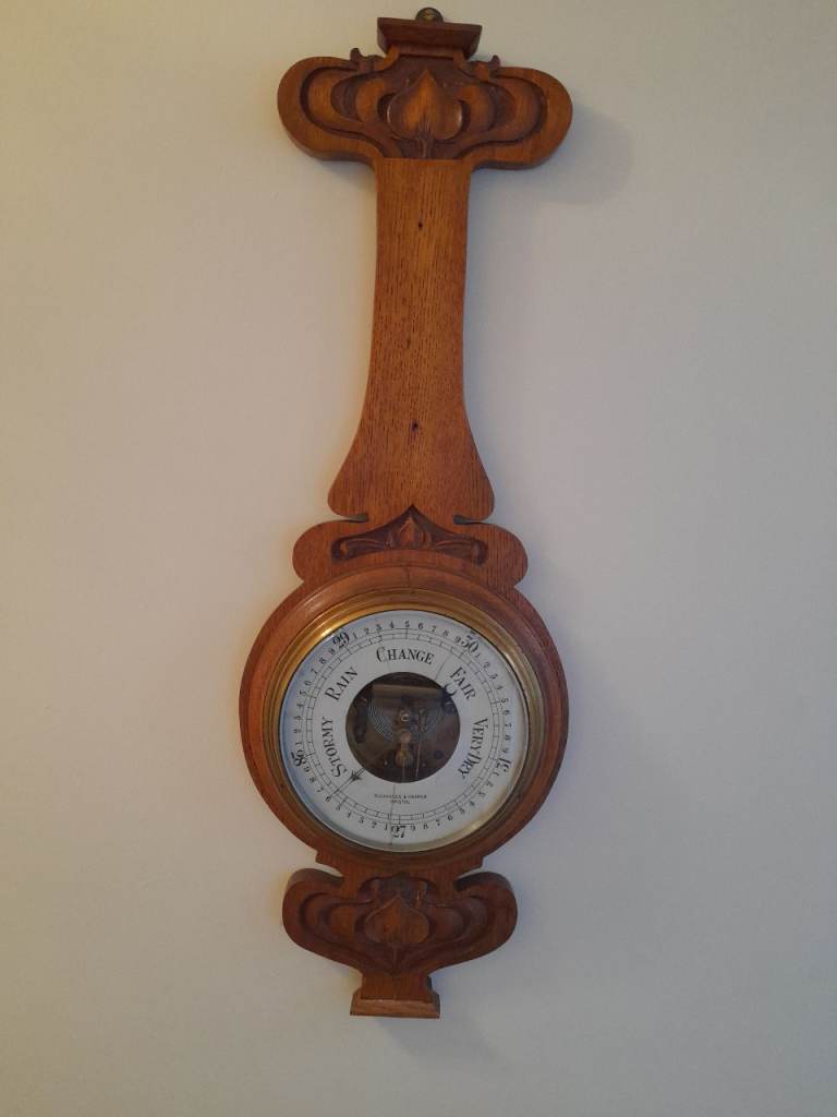 Art Nouveau oak carved barometer 