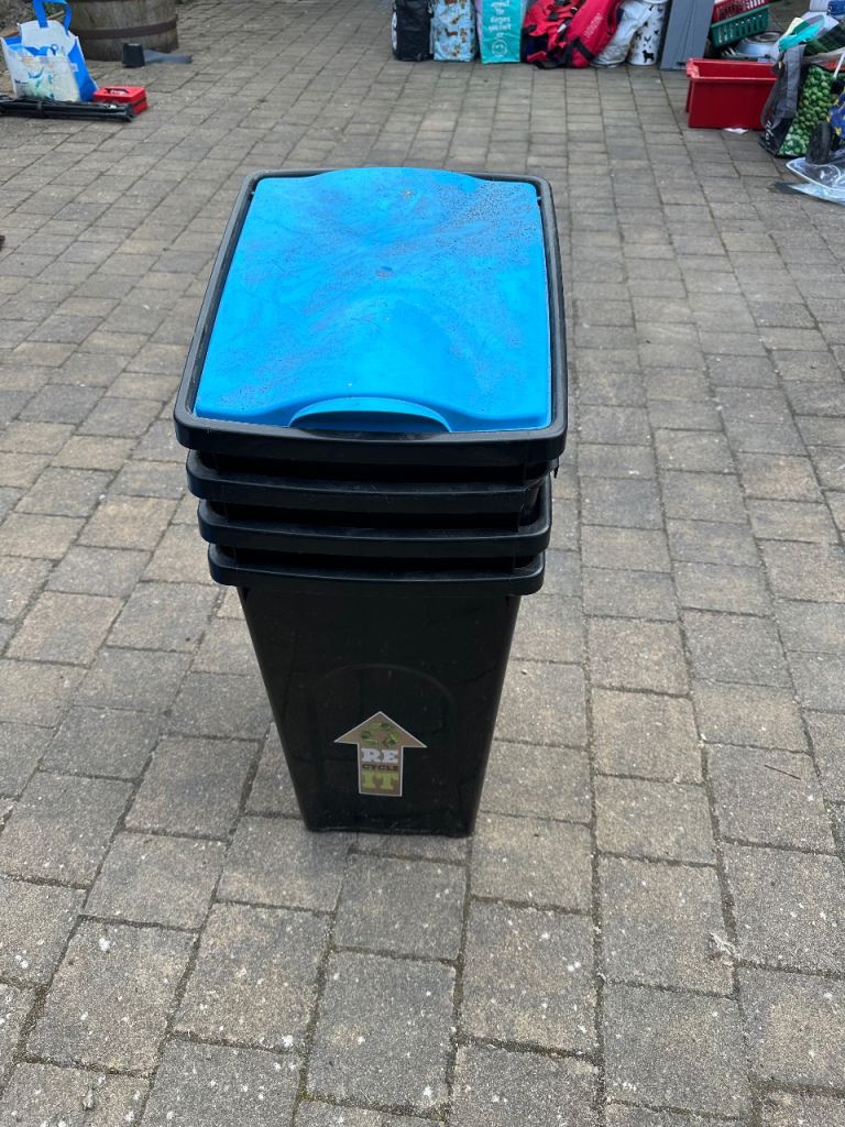 Set of 4 Black recycling bins with different coloured lids