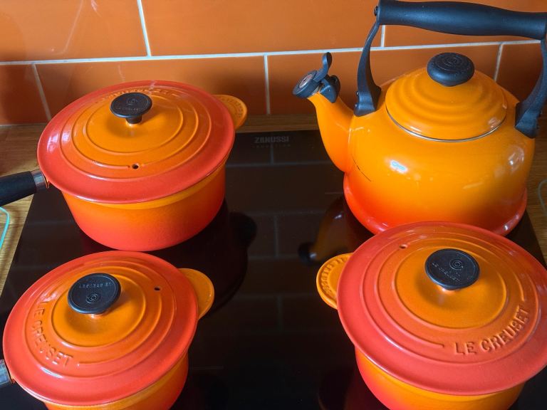 Le Creuset pans and kettle