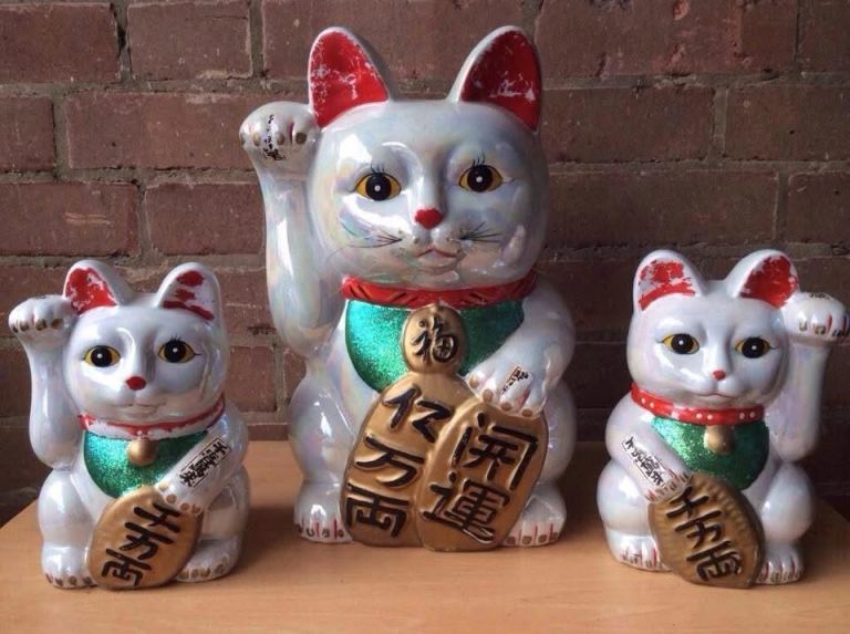 Maneki-Neko Lucky Cat Figurines - Set of 3, Good Condition
