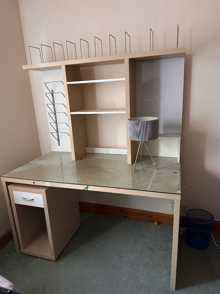 Ikea"MIKAEL" desk + book rack + glass desktop + computert trolley drawer  140W x 75D x 75 cm