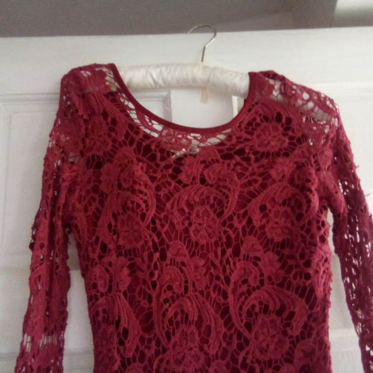 'pinky' lacy dress, cotton, ornate sleeve & hem edging, lined, size s, new unworn